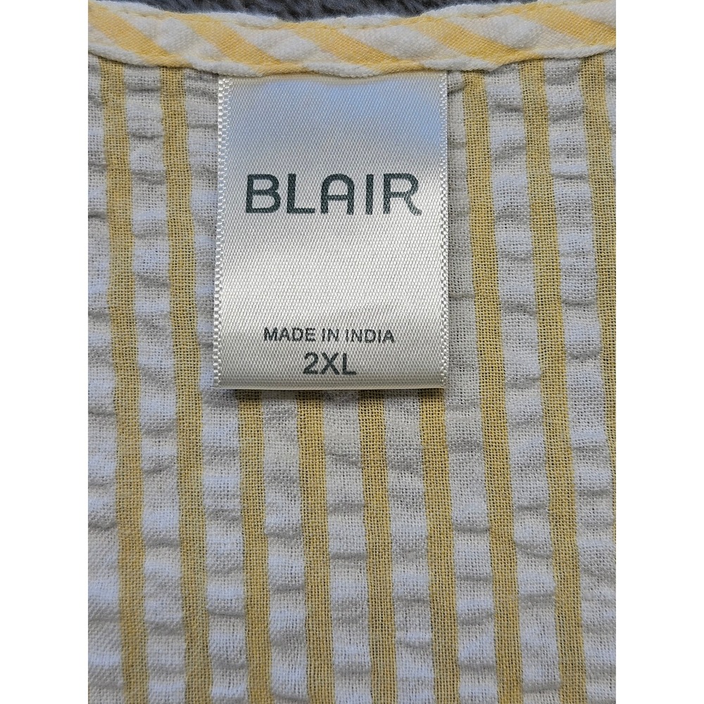 Blair Womens 2XL Yellow White Seersucker Stripe Cotton Button Front Blouse Top - Picture 3 of 7